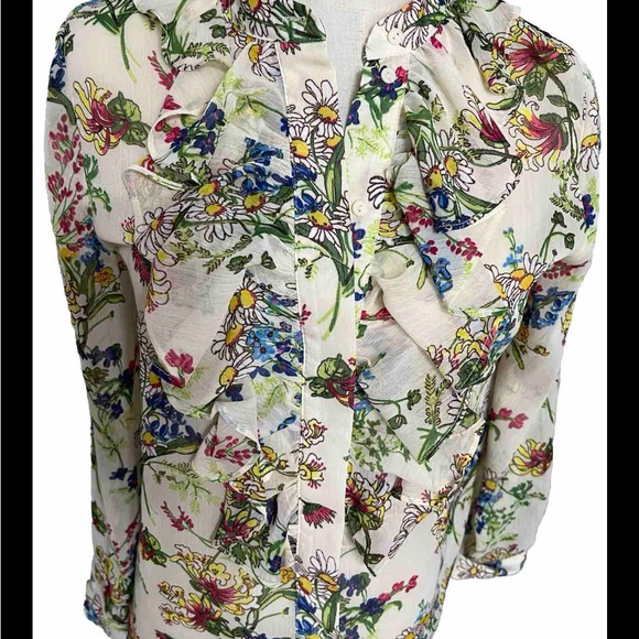H&M Top Botanical Floral Print Chiffon Blouse Ruffle Button Down Size 6, - Picture 7 of 9